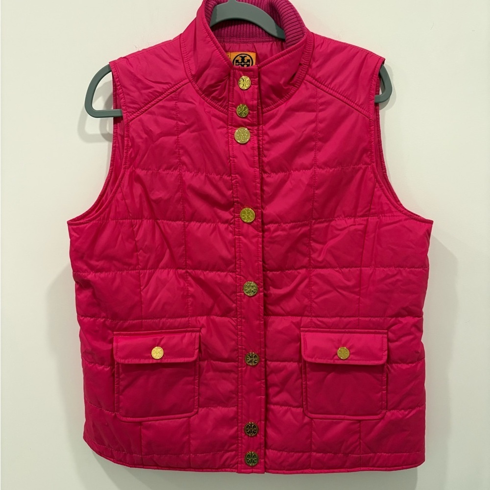 TORY BURCH Pink Quilted
Puffer Sleeveless Jacket Vest 
Gold LOGO Snap Buttons XL